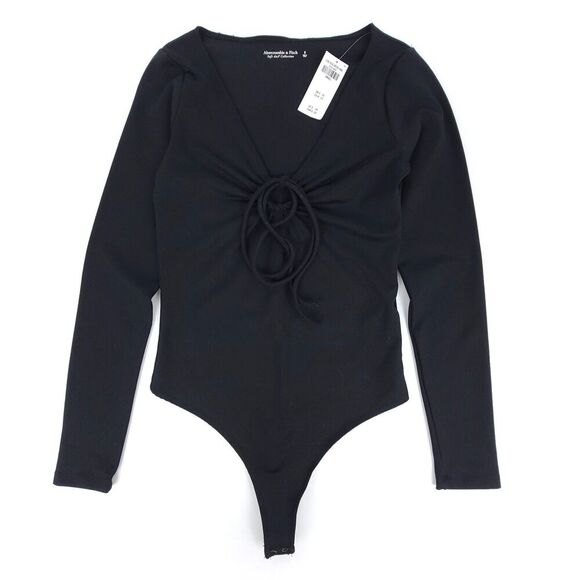NWT Abercrombie Soft A&F 90's Long Sleeve Tie Front Cutout Bodysuit Black Small - Picture 1 of 8